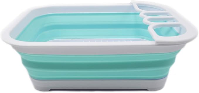 SAMMART Collapsible Dish Drainer with Drainer Board - Foldable Drying Rack Set - Portable Dinnerware Organizer - Space Saving Kitchen Storage Tray (1, White/Lake Green)
