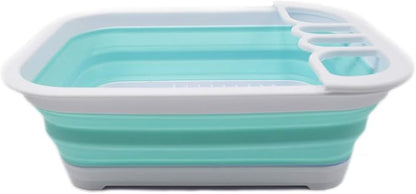 SAMMART Collapsible Dish Drainer with Drainer Board - Foldable Drying Rack Set - Portable Dinnerware Organizer - Space Saving Kitchen Storage Tray (1, White/Lake Green)