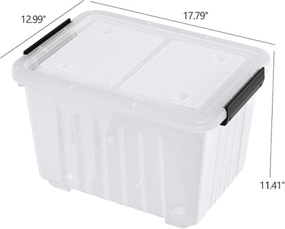 Sadstory 30 Quart Clear Latching Bin with Lid, Plastic Storage Tote Box with Wheels, 4 Packs
