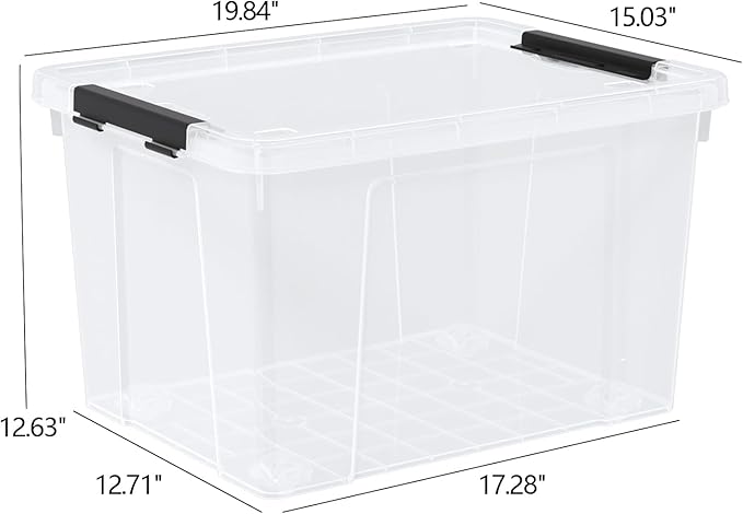 Buyitt 50 Quart Heavy Duty Clear Storage Container with Wheels & Lid, Latching Plastic Storage Box Bin (19.84L x 15W x 12.6H), Stackable, See-Through Organization Tote (4 Pack)