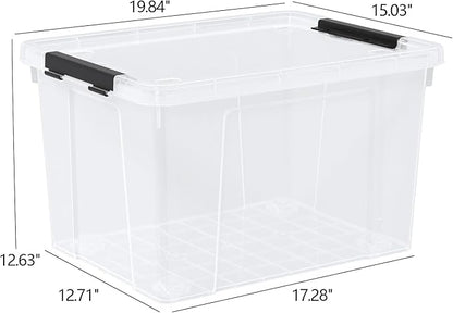 Buyitt 50 Quart Heavy Duty Clear Storage Container with Wheels & Lid, Latching Plastic Storage Box Bin (19.84L x 15W x 12.6H), Stackable, See-Through Organization Tote (4 Pack)
