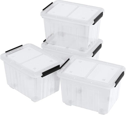 Sadstory 30 Quart Clear Latching Bin with Lid, Plastic Storage Tote Box with Wheels, 4 Packs