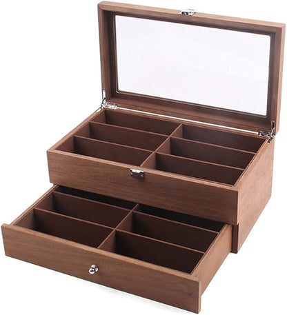 DouSeiAi Double Layer Wooden Sunglasses Organizer, 12 Grids Sunglasses Storage Box, Sunglasses Display Case with Lock Eyewear Holder Organizer Mahogany