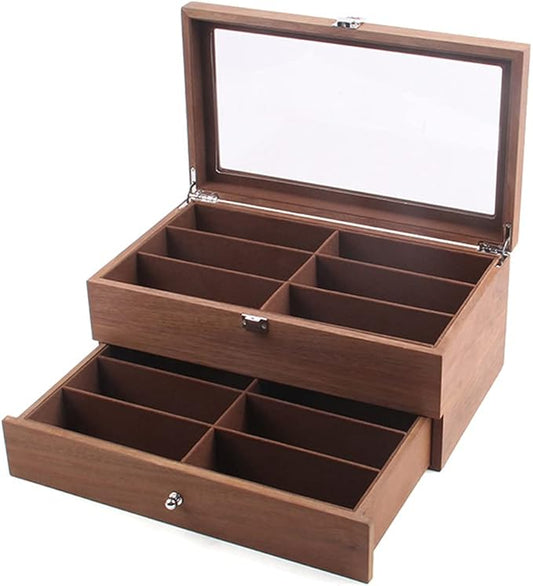 DouSeiAi Double Layer Wooden Sunglasses Organizer, 12 Grids Sunglasses Storage Box, Sunglasses Display Case with Lock Eyewear Holder Organizer Mahogany