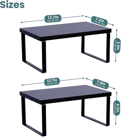 Sben Cabinet Organizer Shelf, Set of 2 Kitchen Counter Shelves, Kitchen Storage, Spice Rack, Stackable, Expandable, Metal and Engineered Wood, Ink Black and Charcoal Black