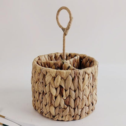Handwoven Water Hyacinth Wicker Storage Baskets Round with Handle for Knife and Fork,Wood,17 * 17 * 13cm