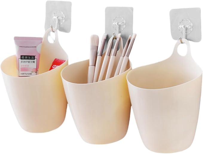 3 Pack Wall Toothbrush Holder for Bathroom Shower Organizer Hanging Cup Holder for Tooth Brush,Electric Toothbrush,Toothpaste,Razor,Makeup Brush,Pen,Adhesive Bucket Wall Organizer