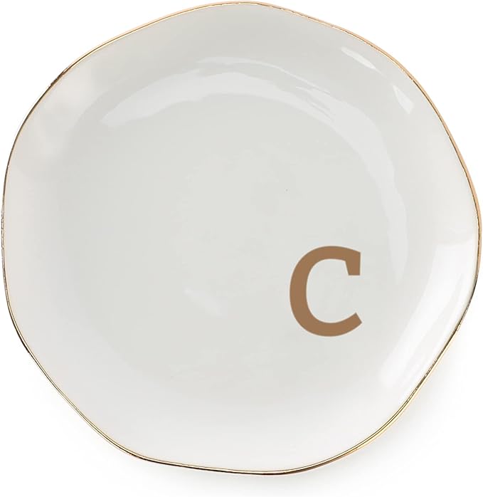 VINCOMIC Initials Ring Dish Jewery Tray with personalized C-Monogrammed Gifts Wedding Engagement for Women Friends sister,Ceramic White