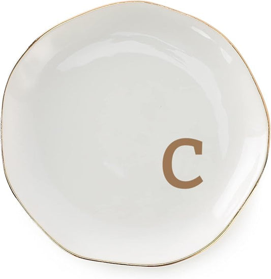 VINCOMIC Initials Ring Dish Jewery Tray with personalized C-Monogrammed Gifts Wedding Engagement for Women Friends sister,Ceramic White