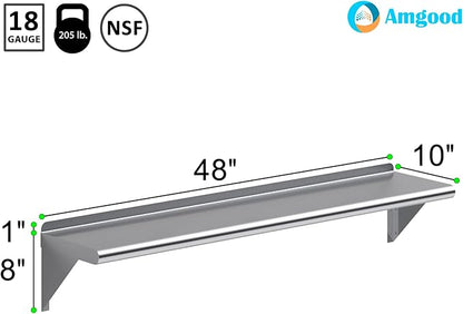 AmGood 48" Long X 10" Deep Stainless Steel Wall Shelf | NSF Certified | Appliance & Equipment Metal Shelving | Kitchen, Restaurant, Garage, Laundry, Utility Room
