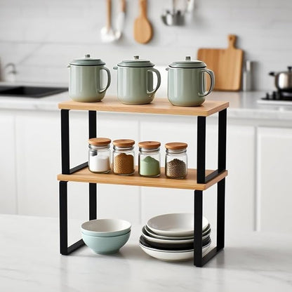 Kitchen Cabinet Organizer Shelf, Set of 2 Stackable Counter Shelves, Small Wood Cabinet Riser Shelf for Pantry Cupboard Spice Dish Mug Cup, Expandable, Metal Engineered Wood (Beige & Black, 11.7''W)