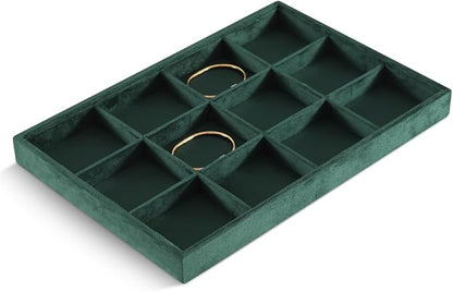 Velvet Stackable Jewelry Display Tray, 12 Grid Watch Bangle Bracelet Storage Tray, Makeup Drawer Insert Jewelry Shop Organizer Plate (Green)