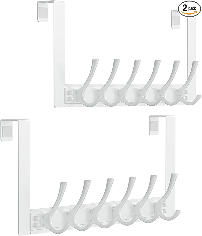 Over The Door Hooks with 6 Hooks for Hanging-Space-Saving,Over The Door Hanger,Over The Door Towel Rack,Towel Hanger for Bathroom,Guaranteed Quality & Compressed Packaging (2, White-Unassembled)