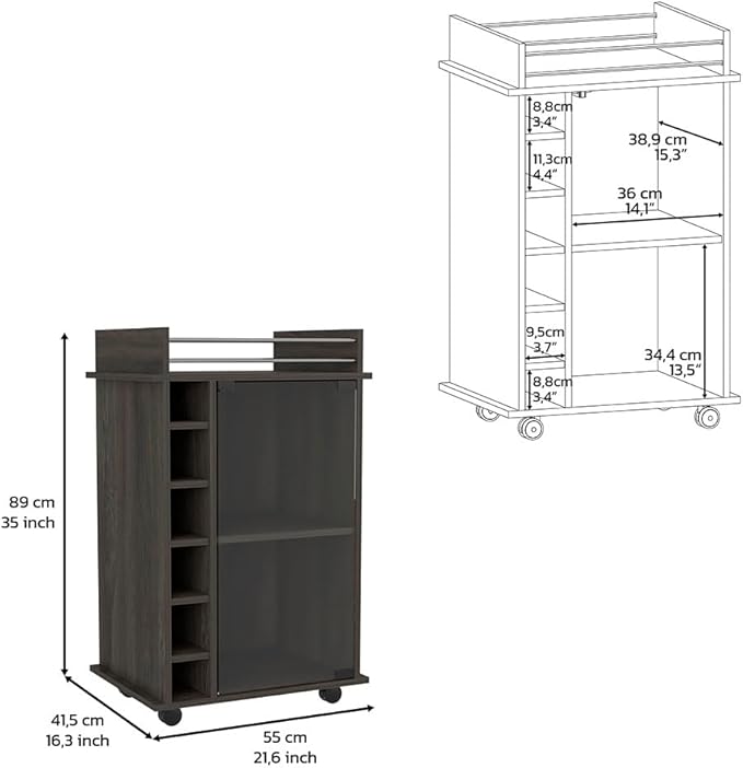 Mobile Bar Cart with Glass Door Cabinet, 6 Wine Bottle Storage Cubbies, Carbon Espresso Finish, 35" H x 21.6" W Bar Serving Cart with Wheels (Espresso)