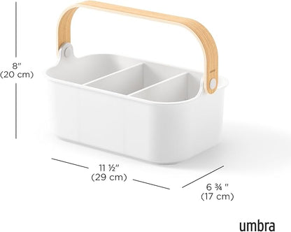 Umbra Bellwood Stackable Bin, 11" x 7" Durable Lightweight Container with Wooden Handle and Removable Dividers, White/Natural