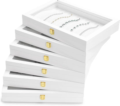 Oirlv White Leather Acrylic Lid Jewelry Necklace Organizer Box Necklace Bracelet Display Holder Case Drawer Insert Women Gift