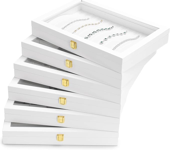 Oirlv White Jewelry Organizer Tray with Acrylic Lid Premium Leather Jewelry Box with Transparent Lid Drawer Insert Big Necklace Display Case(Flat Tray)