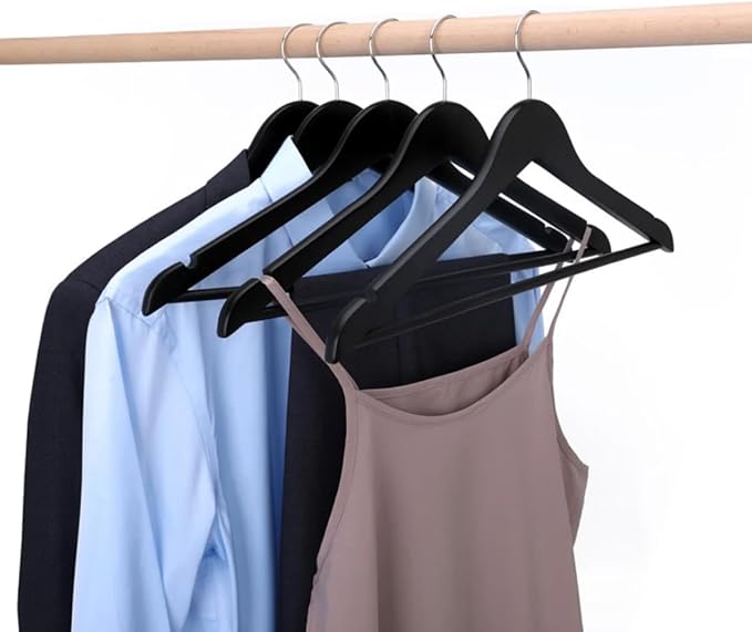 Black Wooden Coat Hangers, Durability Wood Suit Hangers with Non Slip Pant Bar, Solid Wooden Clothes Hangers with Wide Shoulder Design for Shirts, Jackets, Dress, Pants, Sweaters, 30 Pack