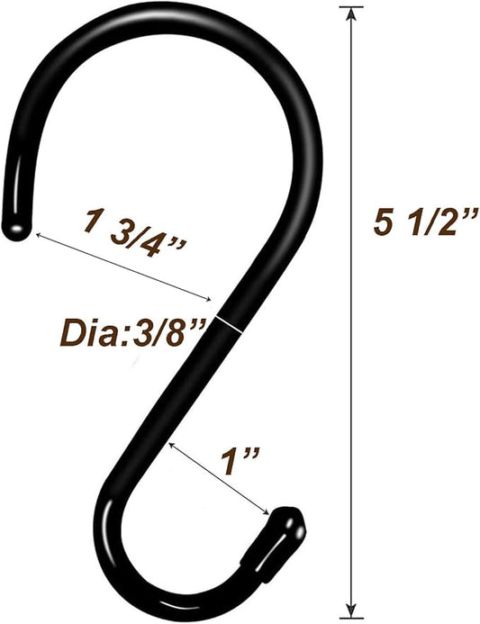 DaylyFav 8 Pack Black S Hooks, 5.5" Vinyl Coated Non-Slip Heavy Duty Steel Metal Utility Hooks Large S-Hook for Hanging Plants Flower Baskets Bird Feeders Coats Hats Bags Purses Towels, Holds 65 Lbs