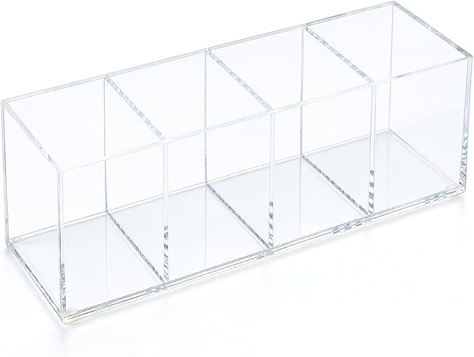 elysolpluv Clear Acrylic 4-Compartment Organizer Box, Small (7.9" × 2.7" × 3.5") – Handcrafted, Eco-Friendly, Minimal Packaging Compact Storage Organizer