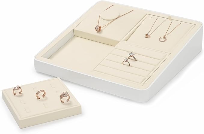 Oirlv Microfiber 4 Slots Jewelry Ring Display Tray Rings Display Organizer Tray(Beige)