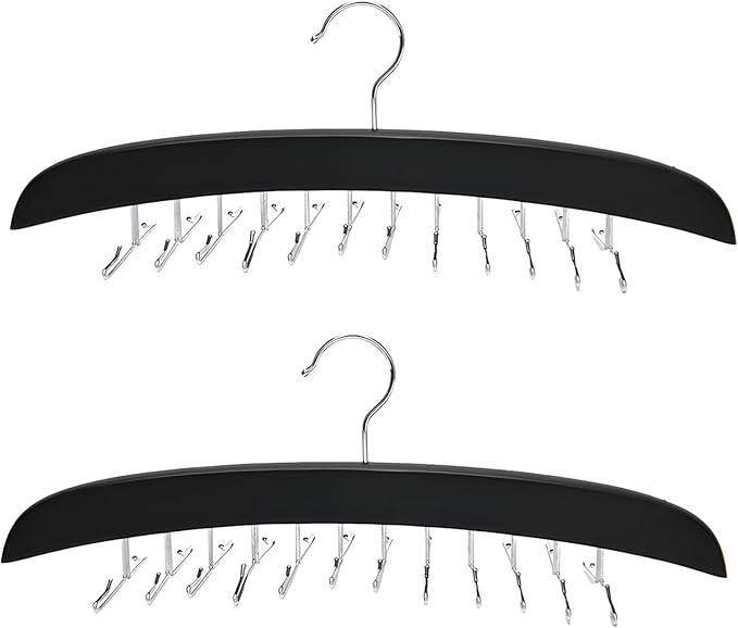 2 Pcs Solid Wood Tie and Belt Rack Hanger, 24 Hook Closet Organizer for Scarves and Accessories, 360 Degree Swivel, Space Saving Black Finish