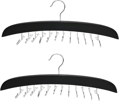 2 Pcs Solid Wood Tie and Belt Rack Hanger, 24 Hook Closet Organizer for Scarves and Accessories, 360 Degree Swivel, Space Saving Black Finish