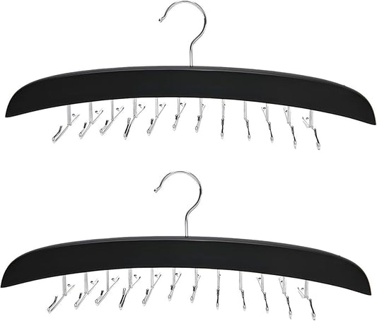 2 Pcs Solid Wood Tie and Belt Rack Hanger, 24 Hook Closet Organizer for Scarves and Accessories, 360 Degree Swivel, Space Saving Black Finish