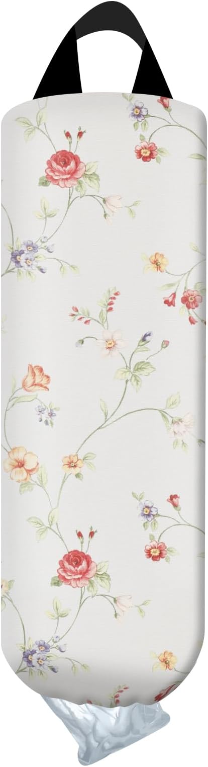 Plastic Bag Holder, Wall Mount Grocery Bag Organizer, Boho White Flowers