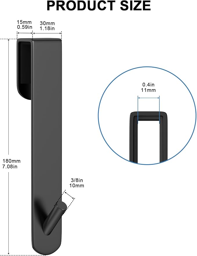 KITHOLD Shower Door Hook, Extended Length Frameless Shower Door Hook (7 Inches), Heavy-Duty Bathrobe Towel Stainless Steel Hook, No Drilling or Adhesive Required, 2-Pack,Black