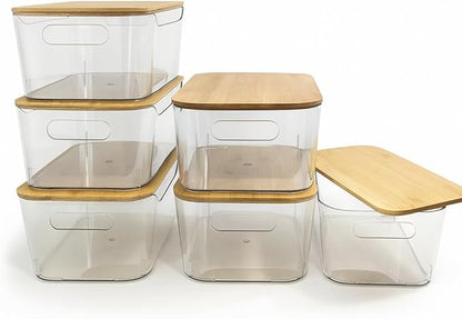 6 Pack Clear Storage Bins with Bamboo Lids, Stackable Organization and Storage Containers with Handle for Pantry, Cabinet, Closet, Fridge, Bathroom, Organizer Bins for Home & Kitchen