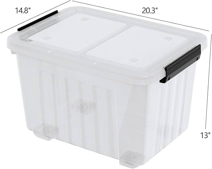 Qqbine 50 Quart Large Plastic Latching Box with Lid, Clear Storage Bin with Wheels, Stackable, 4 Packs