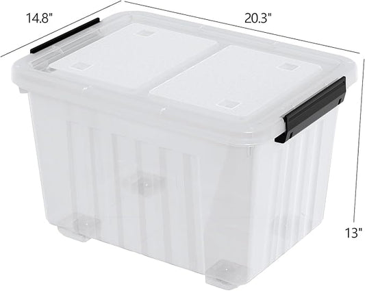 Qqbine 50 Quart Large Plastic Latching Box with Lid, Clear Storage Bin with Wheels, Stackable, 4 Packs