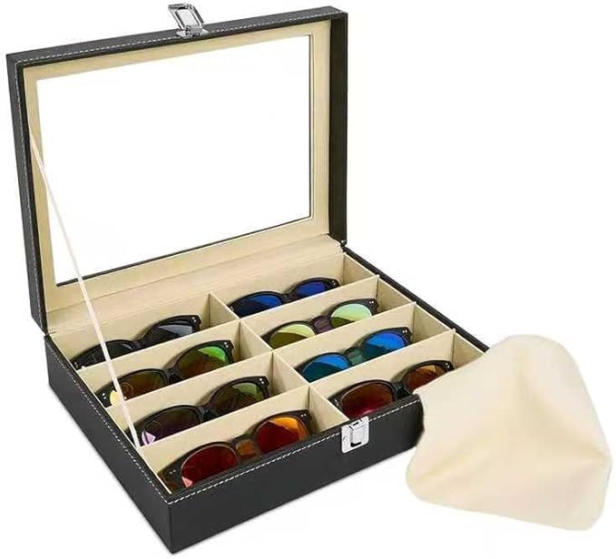 BNFHTD 8-slot synthetic leather Sunglasses Organizer Case for Eyeglasses and Glasses, glasses holder, Includes Cleaning Cloth, for desk and travel
