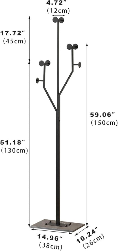 Freestanding Coat Rack Tree-shaped Metal Coat Tree with Heavy Duty Marble Base Corner Clothing Rack for Bedroom Entryway Hallway 14.96 x 10.24 x 68.9 Inches (Black)