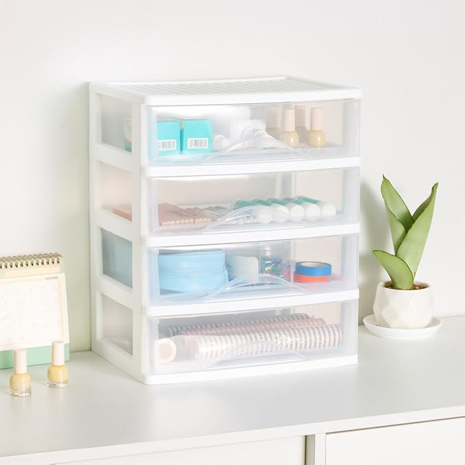 BYCY Plastic Stackable Storage 4 Drawers, White Bathroom Makeup Organizer with Wide Clear Drawers Tabletop Drawer Organizer for Desk,Easily Assemble for Fridge,Bathroom,Cabinet