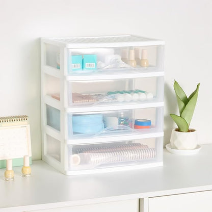 BYCY Plastic Stackable Storage 4 Drawers, White Bathroom Makeup Organizer with Wide Clear Drawers Tabletop Drawer Organizer for Desk,Easily Assemble for Fridge,Bathroom,Cabinet