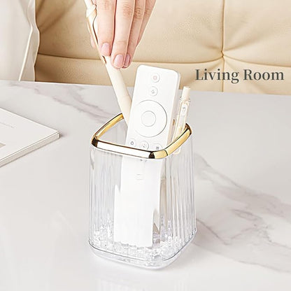 Acrylic Pen Holder, Cute Clear Green Desk Organizer for Pencils, Makeup Brushes Toothbrushes Storage Cup with Striped Design for Vanity Bathroom