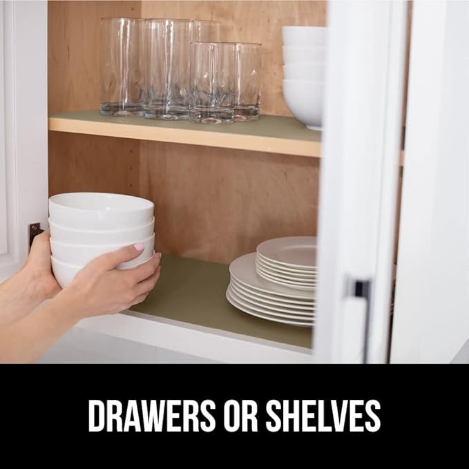 GORILLA GRIP DripGuard Shelf Liner, Non Adhesive Drawer and Kitchen Cabinet Protector, Slip Resistant BPA Free Smooth Surface Plastic Liners for Cabinets, Bathrooms, Closets, 17.5x240 Inch, Beige