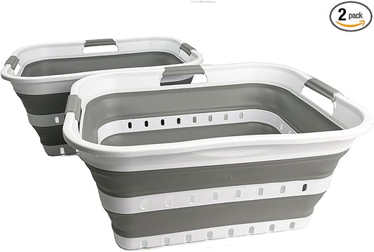 SAMMART 42L (11 gallons) Set of 2 Plastic Foldable Storage Basket/Container - Collapsible, Space Saving and Portable Laundry Hamper, Ideal for Home, Travel, Dorm, and Camping (2, White/Grey)