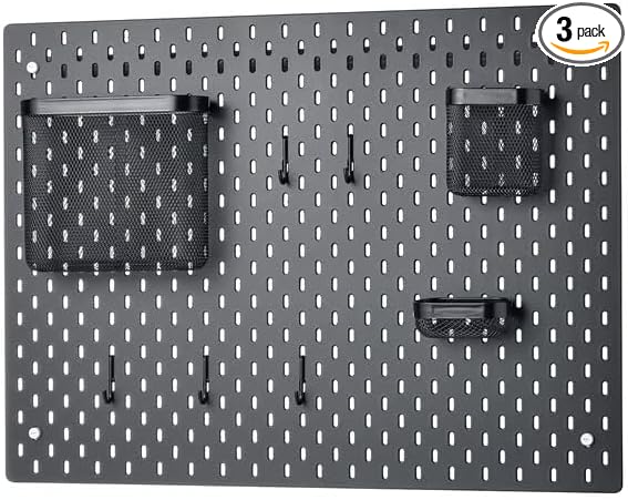 Pegboard Organizer Wall Panel Set - Black Metal Board with Storage Baskets and Hook - Home Office Organization System, 30x22 inch
