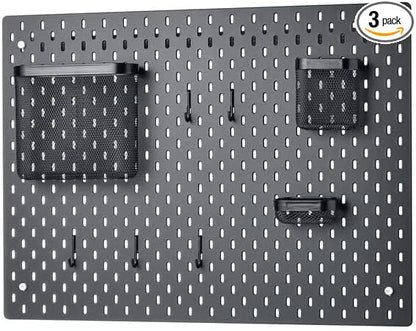 Pegboard Organizer Wall Panel Set - Black Metal Board with Storage Baskets and Hook - Home Office Organization System, 30x22 inch