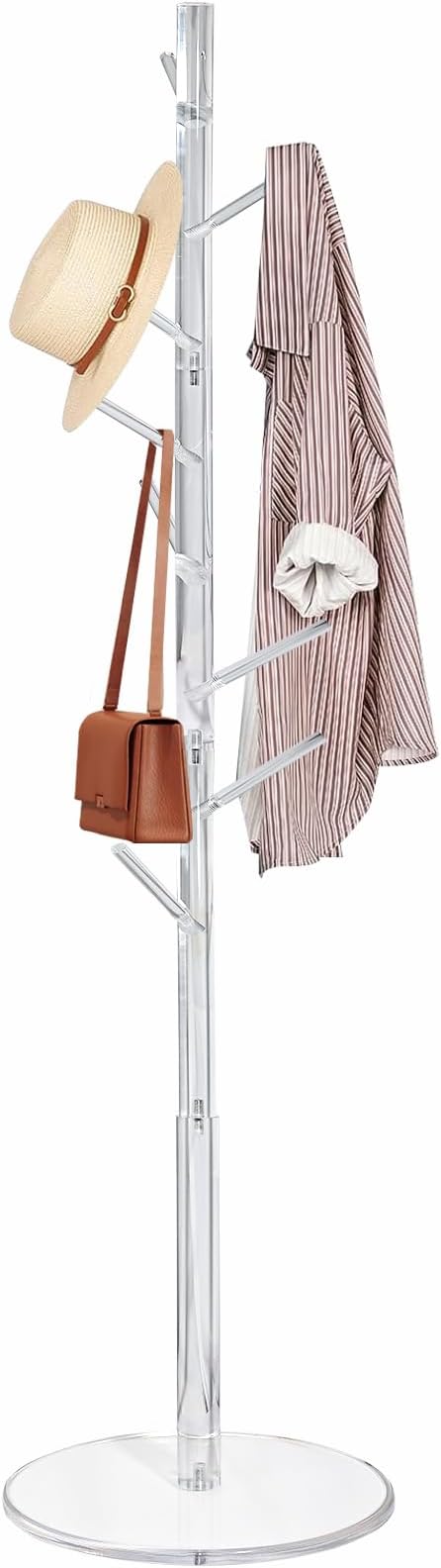KOLUTI Acrylic Coat Rack Stand, with 8 Hooks 3 Section Adjustable Height, Hats Bags Jacket Clothes Scarves Hanger Organizer Tree Shaped Shelf Umbrella Holder, for Bedroom Entryway Living Room Office