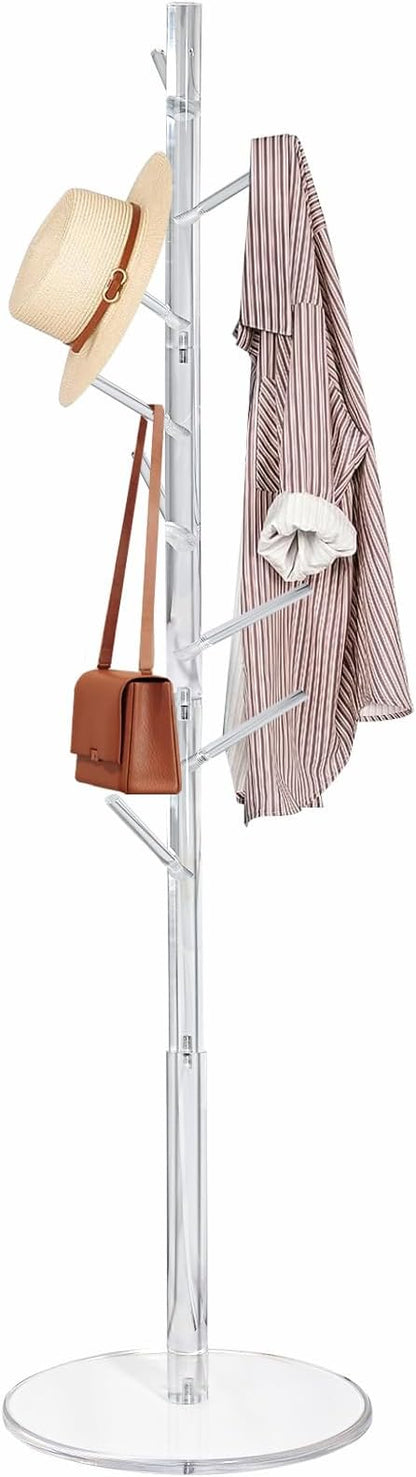 KOLUTI Acrylic Coat Rack Stand, with 8 Hooks 3 Section Adjustable Height, Hats Bags Jacket Clothes Scarves Hanger Organizer Tree Shaped Shelf Umbrella Holder, for Bedroom Entryway Living Room Office