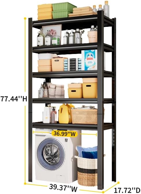 Over Washer and Dryer Shelves, 5 Tier Adjustable Metal Washing Machine Shelf, Sturdy and Spacious Laundry Room Organization and Storage Rack, 39.37''W*17.72''D*77.44''H, Black