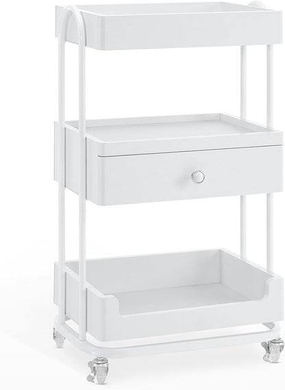 BarberPub Salon Trolley Cart with Lockable Wheels, Salon Cart with Drawer, Storage Trolley for Barber Shop, Spa 2086 (White)