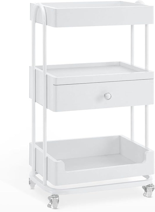 BarberPub Salon Trolley Cart with Lockable Wheels, Salon Cart with Drawer, Storage Trolley for Barber Shop, Spa 2086 (White)