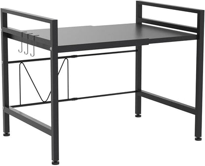 PUSDON Extendable Microwave Oven Rack, Adjustable Microwave/Toaster Shelf Heavy Duty Stand Kitchen Counter Top Organizer, 2 Tier with 3 Hooks, 160lbs Weight Capacity, Black
