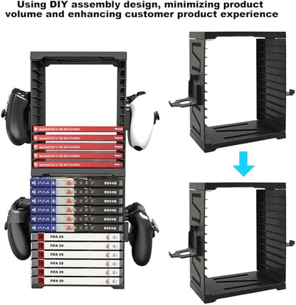 Video Game Storage Tower for PS5 PS4 Xbox Nintendo Switch Games, Universal Discs Organizers 24 PCS with 4 Controllers Holder, Disk Box Stand Rack Accessories
