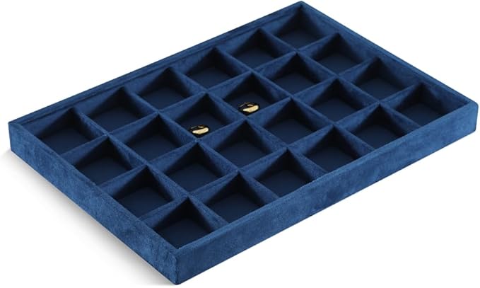 Dansmiy Velvet Stackable Jewelry Display Tray, 24 Grid Earring Ring Storage Tray, Drawer Divider Jewelry Accessories Organizer Plate (Blue)